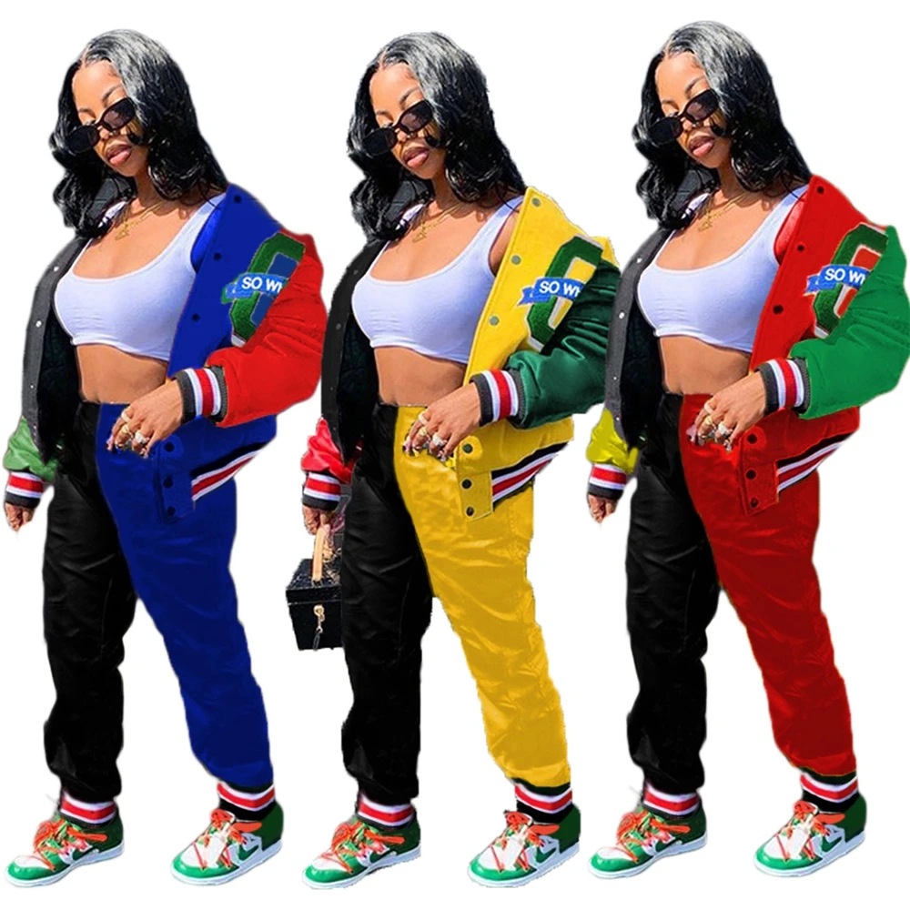 

MD-20090104 Patchwork Tracksuits Women 2 Piece Pants Set Joggers Baseball Jacket Coats with Sweatpants Two Piece Set Clothes