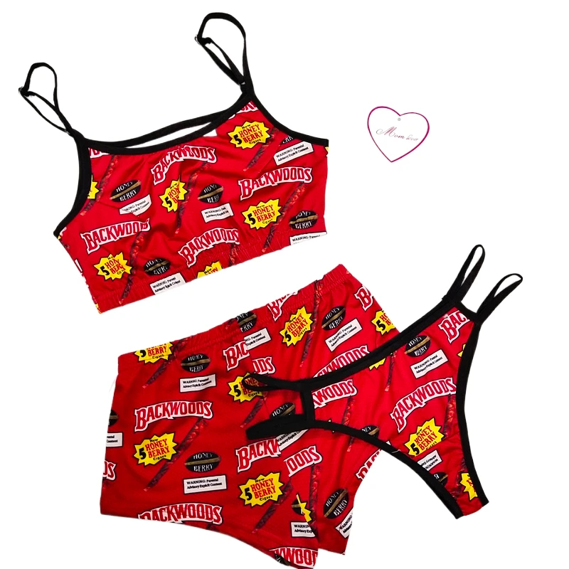 

women's pajamas sleepwear sexy ladies custom printing backwoods pajamas lingerie panties short set 3 piece set