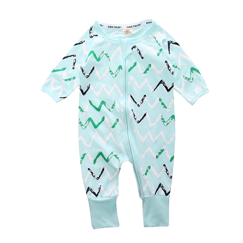 

New design popular OEM Organic Cotton Printed infant Baby Romper with zipper, Blue custom onesie baby