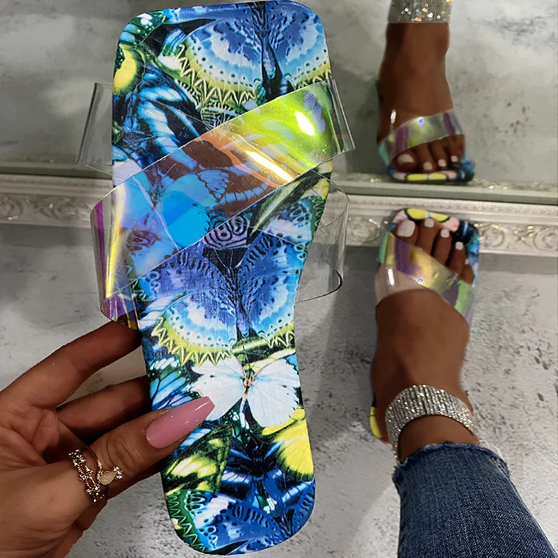 

wholsale Hot 2021 fashion pvc women clear cross strap sandals floral casual flat shoes slides women's slippers, Customized color