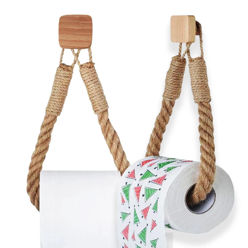 

Bathroom Home Decor Vintage Self Adhesive Wall Mount Wooden Hemp Tissue Roll Holder Natutical Toilet Paper Holder Rope