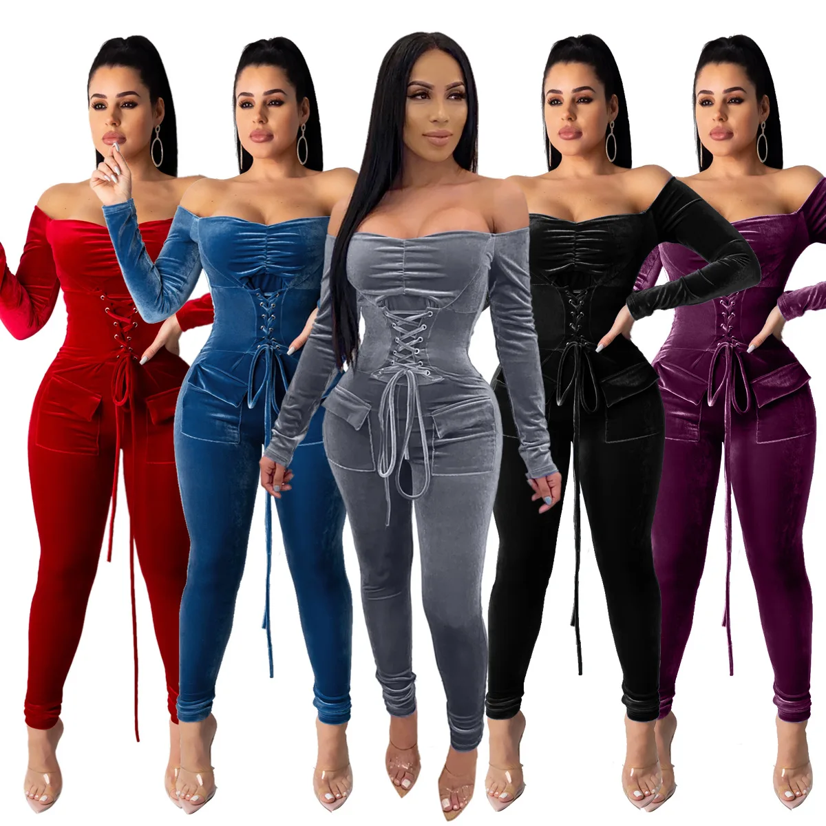 

Blue Long Sleeve Woman Velvet Off Shoulder Jumpsuit