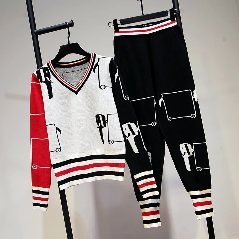 

Knit Sweater Set Women Casual V-neck Printed Loose Striped Knitwear Harem Pants Two Piece Outfits Fall Winter Tracksuit