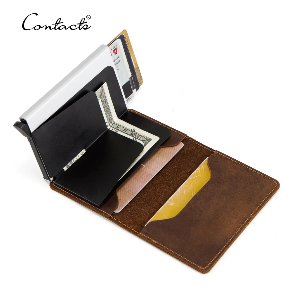 

Contact's Hot Sale Crazy Horse Leather RFID Blocking Button Pop Up Slim Aluminum Case Business Bank ID Credit Card Holder, Coffee or customized