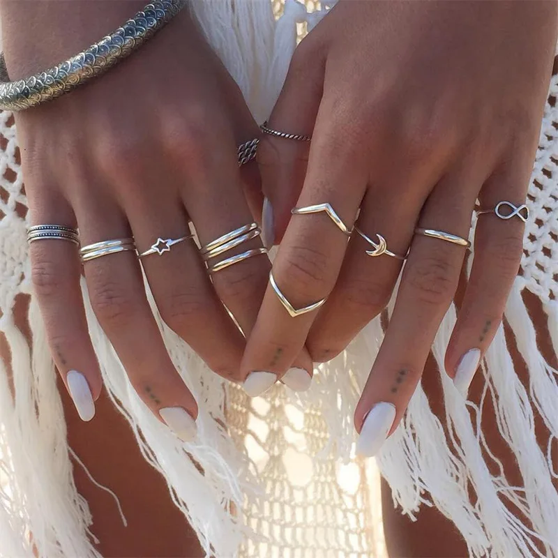 

Vintage Stackable Teen Girls Ring Pack Jewelry Women Trendy 12Pcs Boho Silver Star Moon Knuckle Ring Set