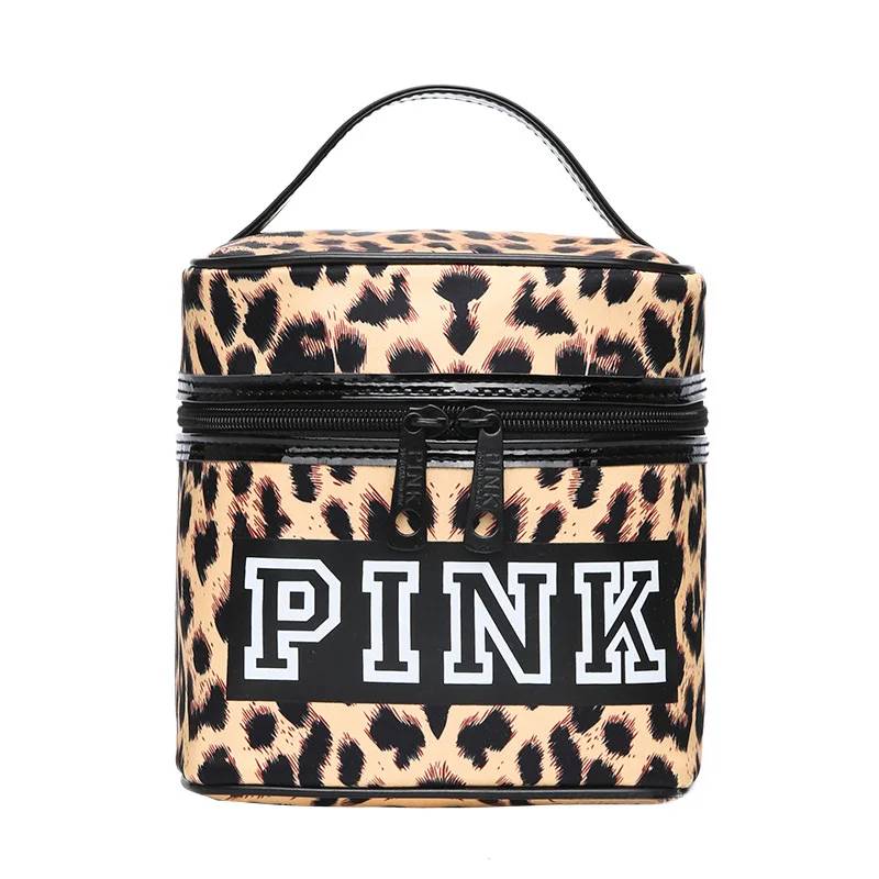 

The new fashion PINK print outdoor travel customized LOGO large cosmetic bag portable cylinder makeup bag, Customized color