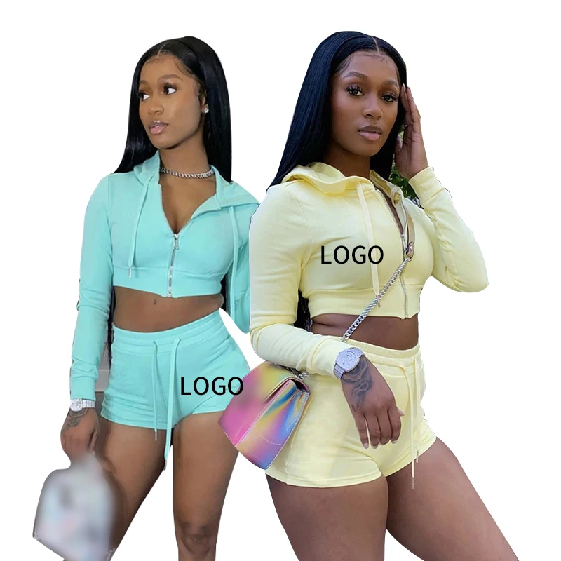 

neon In Stock Women Biker Short Sets 2 Piece Set Clothing Zipper Hoodie Women Crop Tops Two Piece Set Clothing