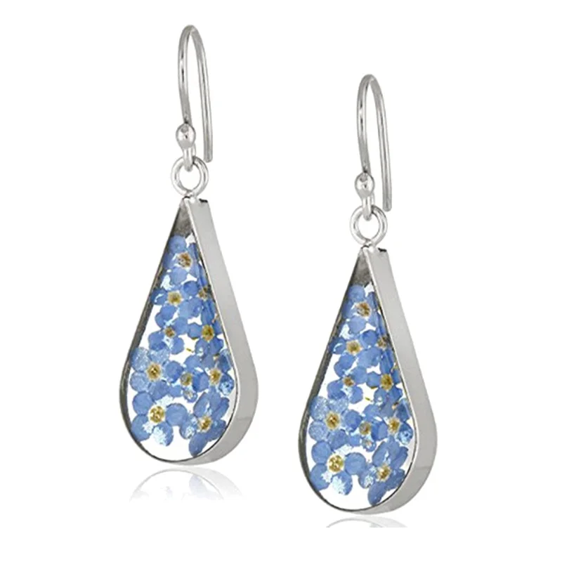 

New Fashion Sweet 925 Sterling Silver Pressed Natural Flower Teardrop Earring for Women, Picture