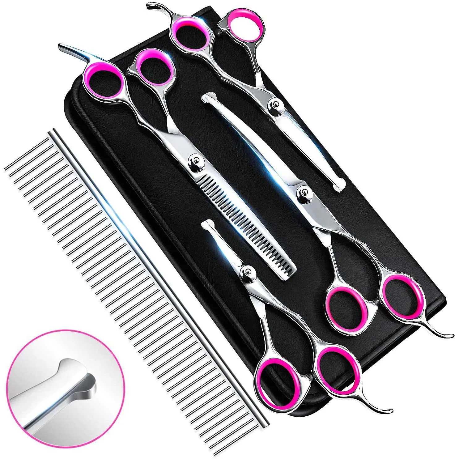 

Dog Grooming Scissors Stainless Steel Kit with Pet Grooming Trimmer Kit Thinning Straight Curved Shears and Comb