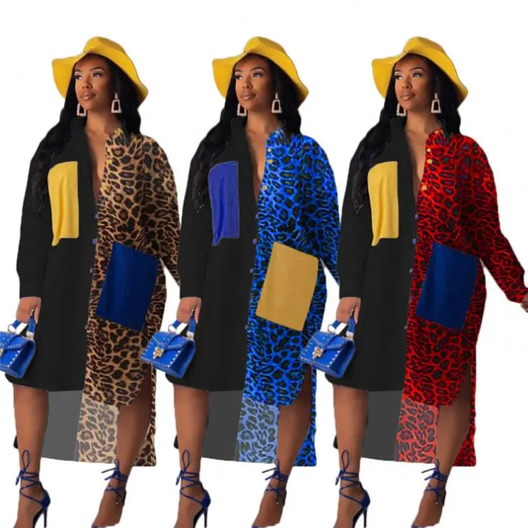 

W6314 Lady 2020 Fall Spring Women Clothes Fashion Oversize Dress Woman Patchwork Leopard Dresses