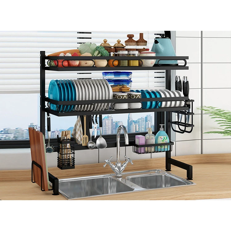 

Hot Selling Kitchen Organizer 2 Tier Carbon Steel Over The Sink Dish Drying Shelves Storage Rack, Black