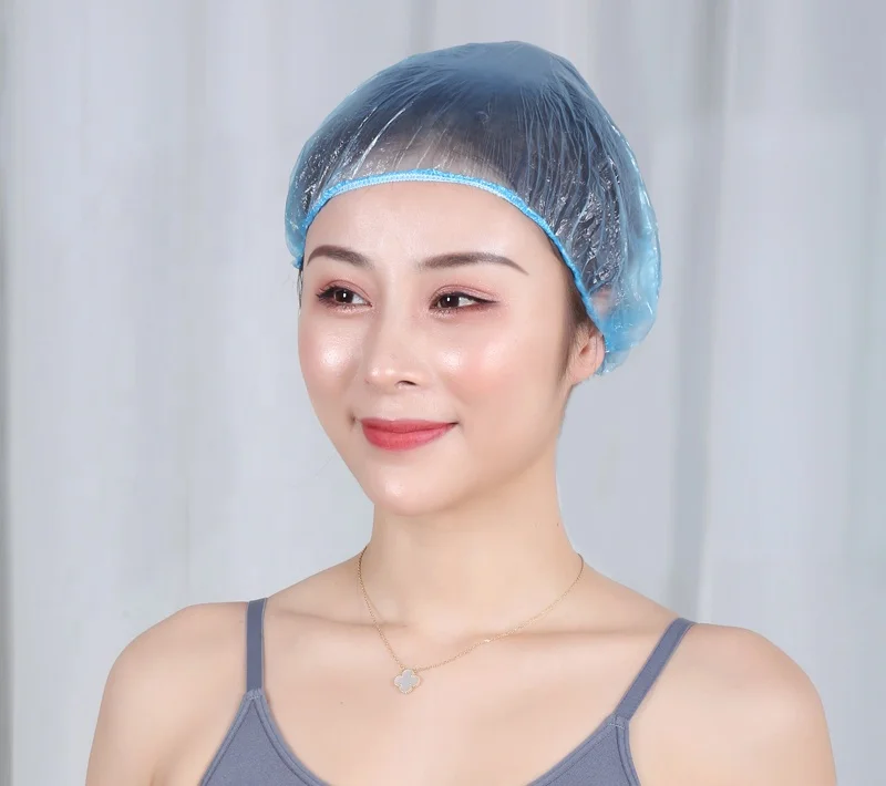 

Plastic Caps Spa Salon Beauty Haircare Disposable Shower Bouffant Waterproof PE Cap, White blue
