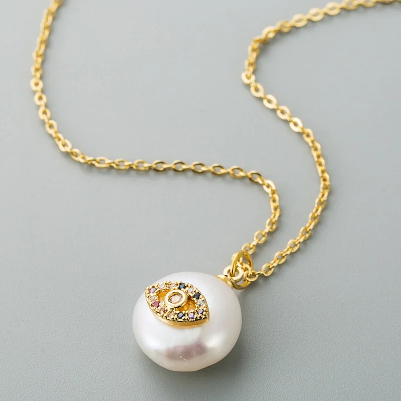 

High Quality Women Pearl Micro Pave Zircon Eyes Shaped Pendant Necklace Women