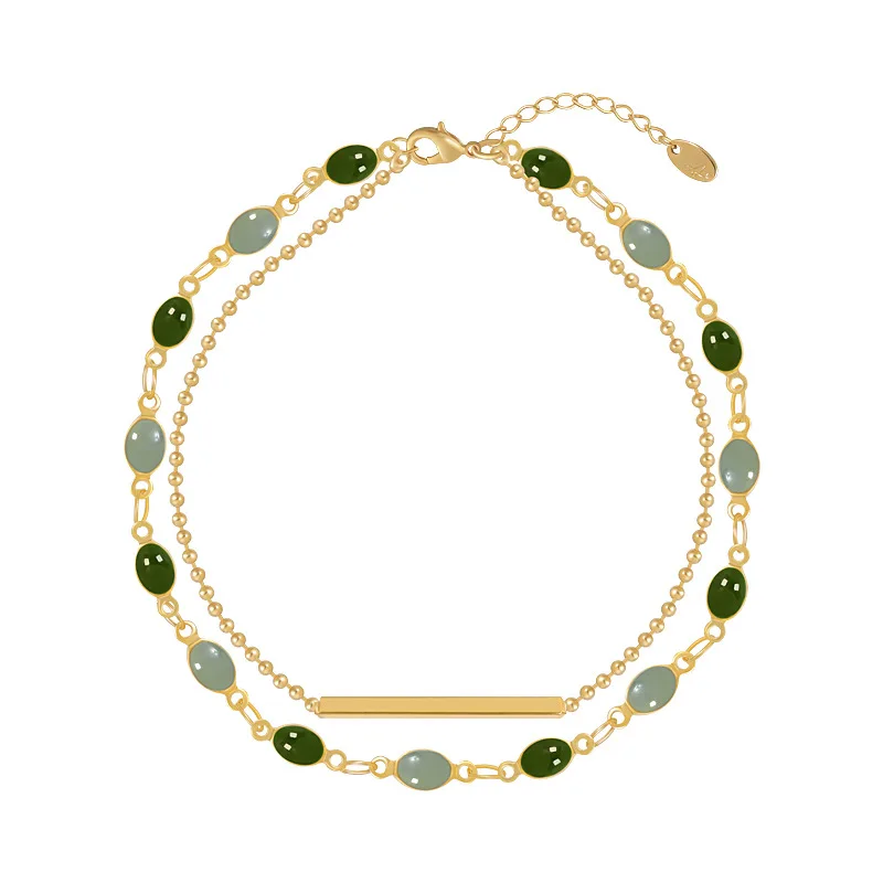 

French Retro Romantic Double Metal Gold Bracelet For Woman 2021 New Fashion Jewelry Party Unusual Oval Green Crystal Bracelet