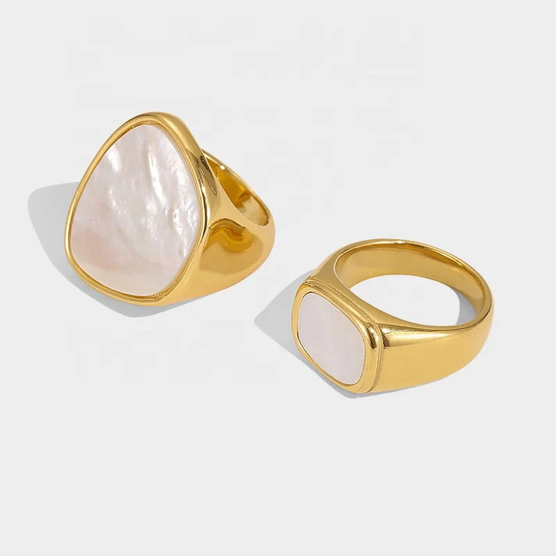 

A Personalised And Exaggerated Brass Plated 18K Carat Gold With Natural White Mother Of Pearl Rings, Picture