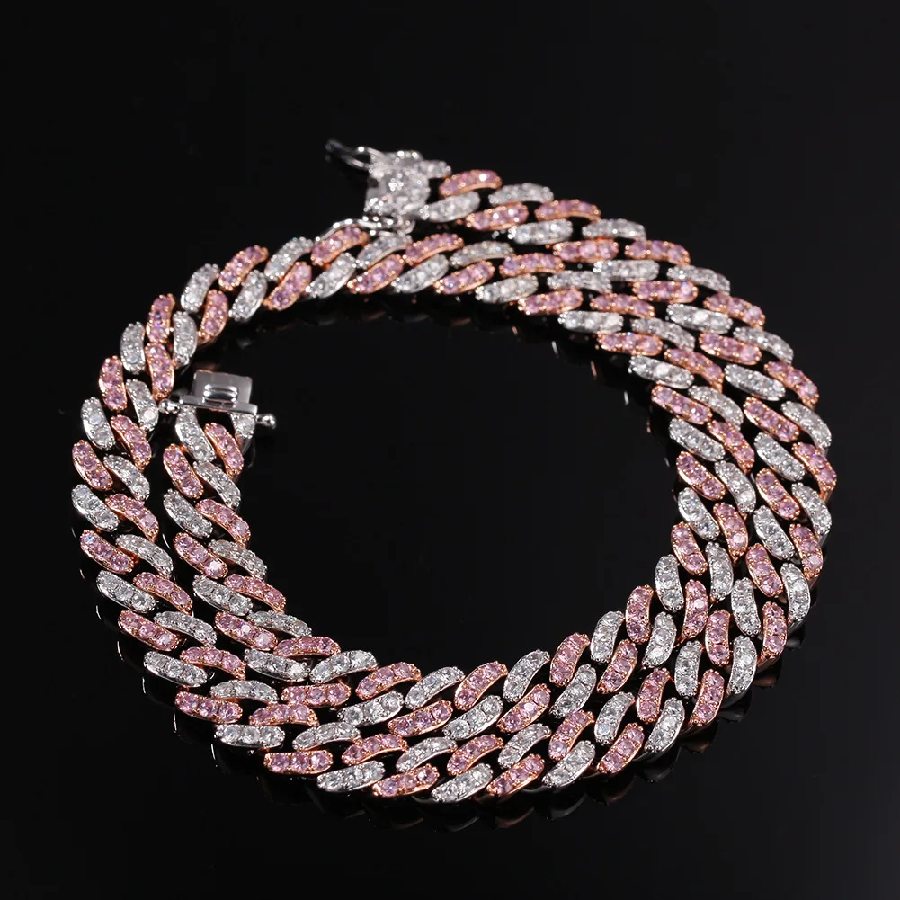 

9mm Bling Hip Hop brass Gold Silver Miami Cuban Link Diamond Chain custom jewelry glass necklace