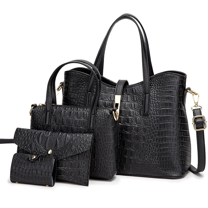 

Fashion PU handbag four-piece set ladies crocodile pattern handbag 2021 new crossbody shoulder bag, Gold, classic black, rose gold, silver