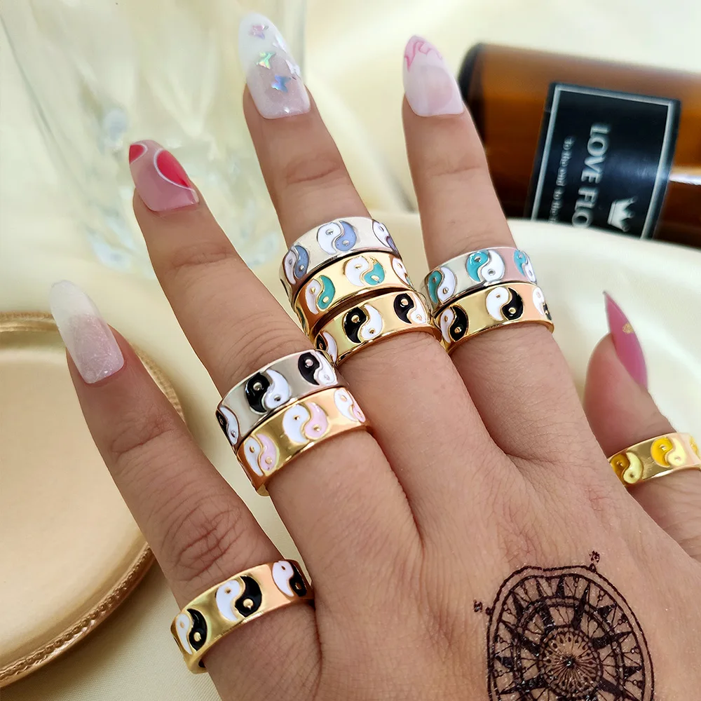 

Punk Style Colorful Enamel Y2k Yin Yang Rings For Women Men Gold Silver Plated Carving Geometry Shape Finger Rings, Mixed color