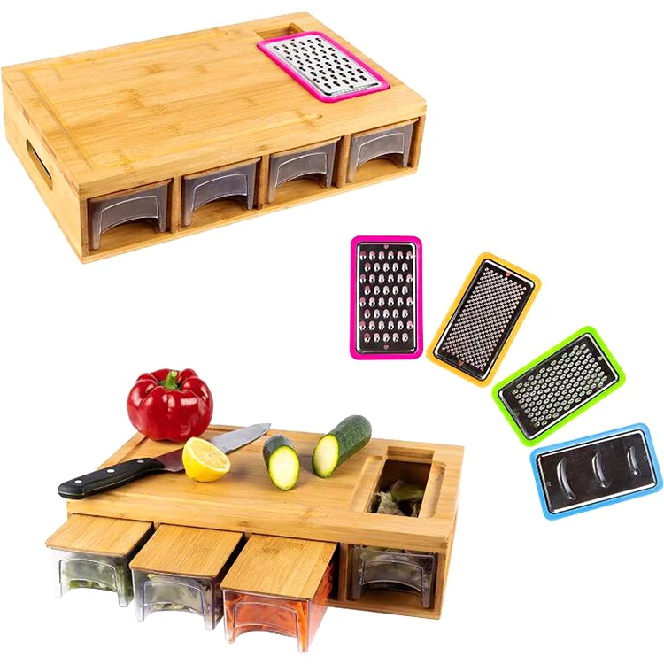 

Bamboo Chopping Block Cutting Board Set With 4 Trays Drawers Containers Trays And Vegetable Grater, Natural bamboo color