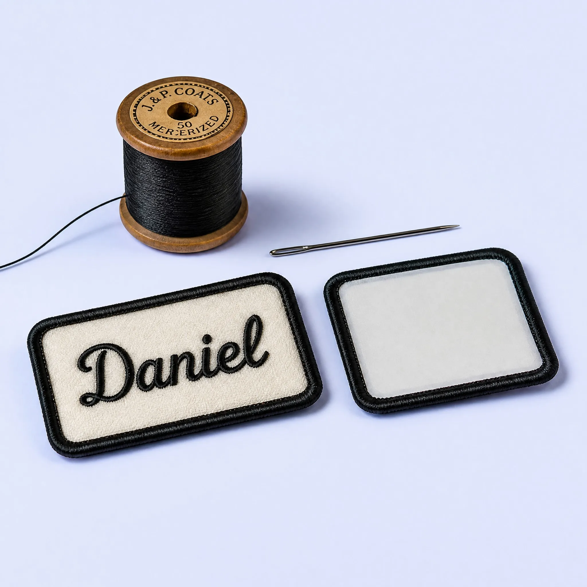 Daniel Cursive Script Name Patch Front with Blank Plastic-Sealed Sew-On Backing, Wooden Thread Spool and Needle