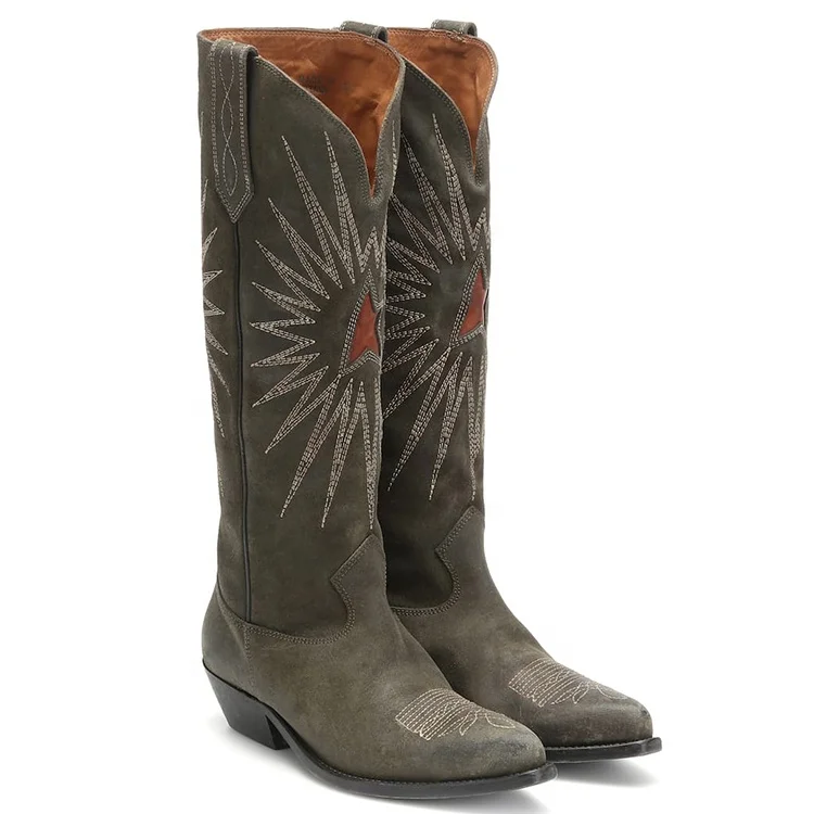 

Women shoes girls knee high long Boots Flat genuine leather suede embroidery long Booties Casual shoes for ladies