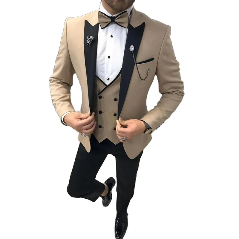 

Champagne and Black Men Suit For Men Groom Tuxedos Prom Dinner Business Suits Men Terno Masculino 3Pieces