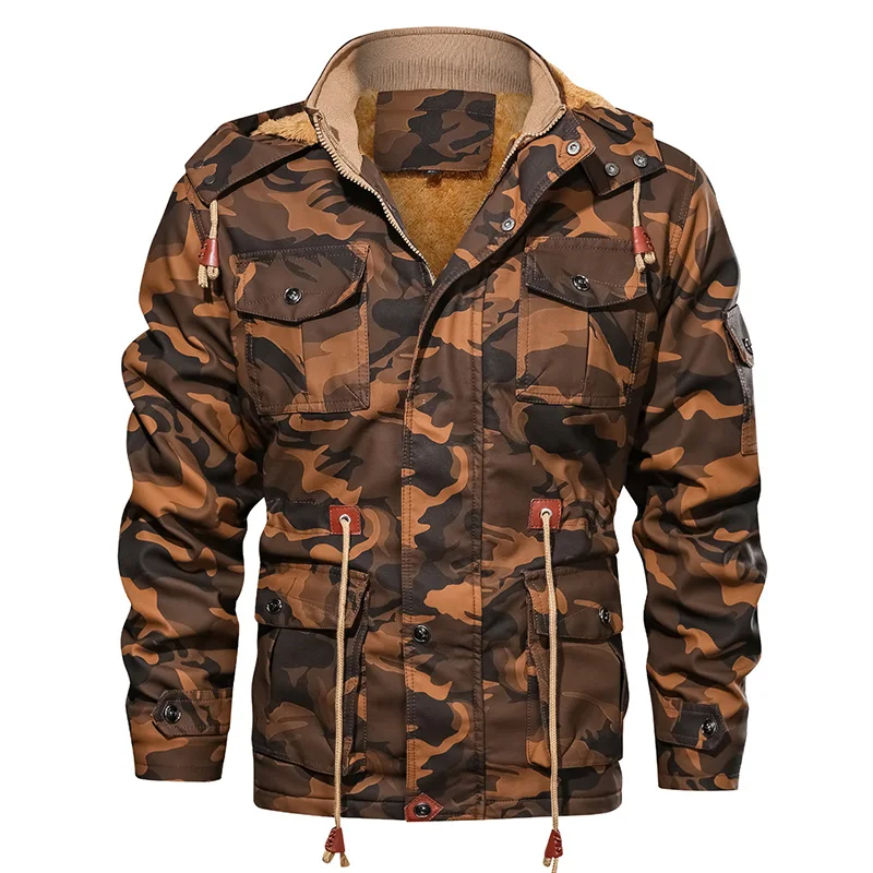 

Male Camouflage Fur Coat Fleece Thickening Windproof Hooded Motorcycle Pu Faux Leather Winter Jacket for Mens jaqueta de couro, Brown, grey, armygreen