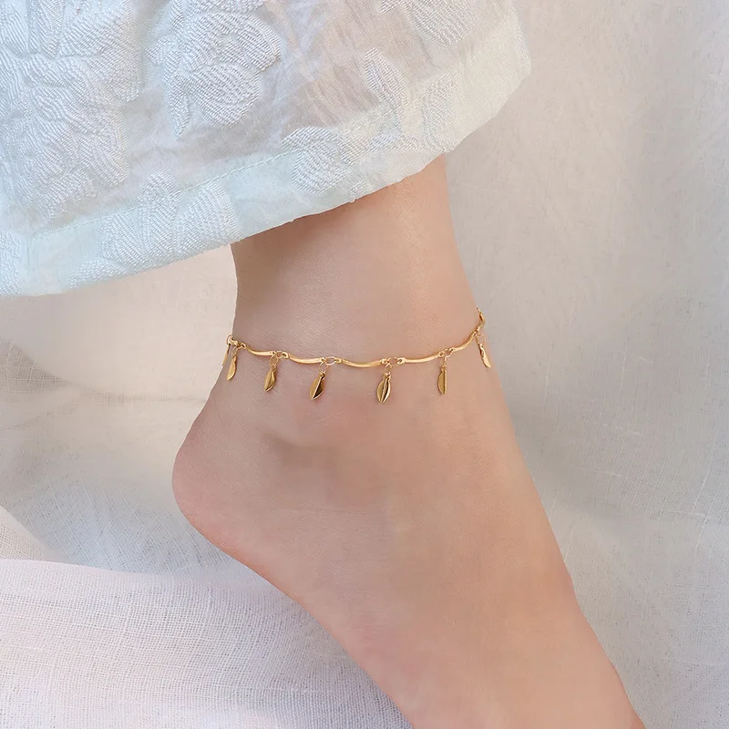 

2022 Custom Designer Tiny 18K Gold Plated Ankle Leg Chain Tassel Leaf Stainless Steel Gold Anklets