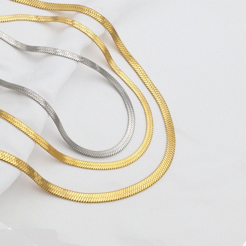 

Tarnish Free 18K Gold Plated 316L Stainless Steel Snake Bone Chain Necklace Titanium Steel Flat Herringbone Chain Necklace