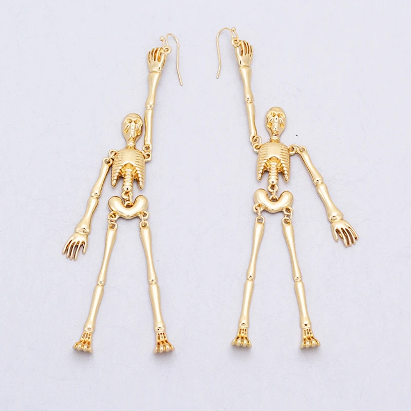 

Retro Funny Punk Gothic Style Zinc Alloy Metal Gold Plated Long Party Skeleton Skull Dangle Earrings, Gold plating