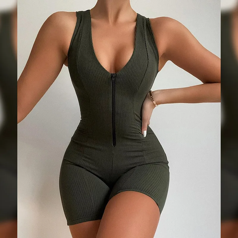 

2021 Spring new arrival sleeveless zipper v-neck solid color silm fit bodysuit jumpsuits for women, Photo shows