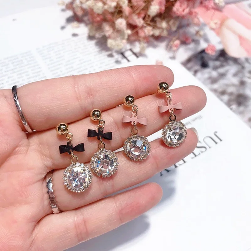 

Korean New Round Crystal Pendant Drop Earrings For Women Girls Fashion Sweet Bowknot Brincos Cute Gift Ear Jewelry