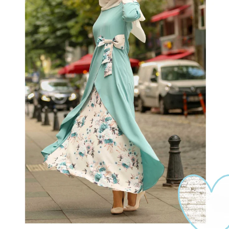 

High Quality Floral Print Muslim Dress Kaftan Abaya Islamic Clothing Waisted Bowknot Turkey Simple