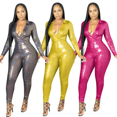 

K21Q05382 New model luxury fall rompers women deep v-neck sexy adult onesie sequined bodycon gym long sleeve one piece jumpsuit