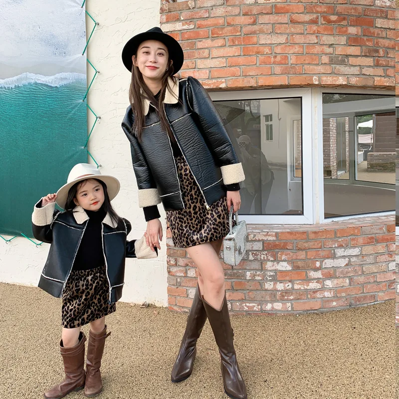 

Mom And Daughter Matching Family Outfits Toddler Girls Leather Coat Leopard Skirt 2 Pieces Set Black Fleece Mommy And Me Jackets