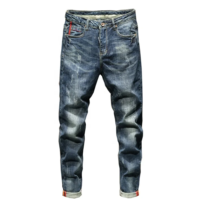 

Latest Design Custom Destroyed Denim Jeans High Quality Fashion Ripped Skinny For Men Stylish, Denim blue men's jeans