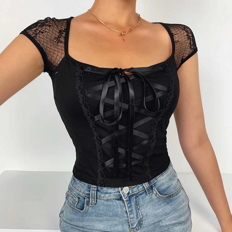 

Cheap Punk Gothic Lace up Crop Tops T-shirts Women Long/Short Sleeve Square Crop Top Clubwear