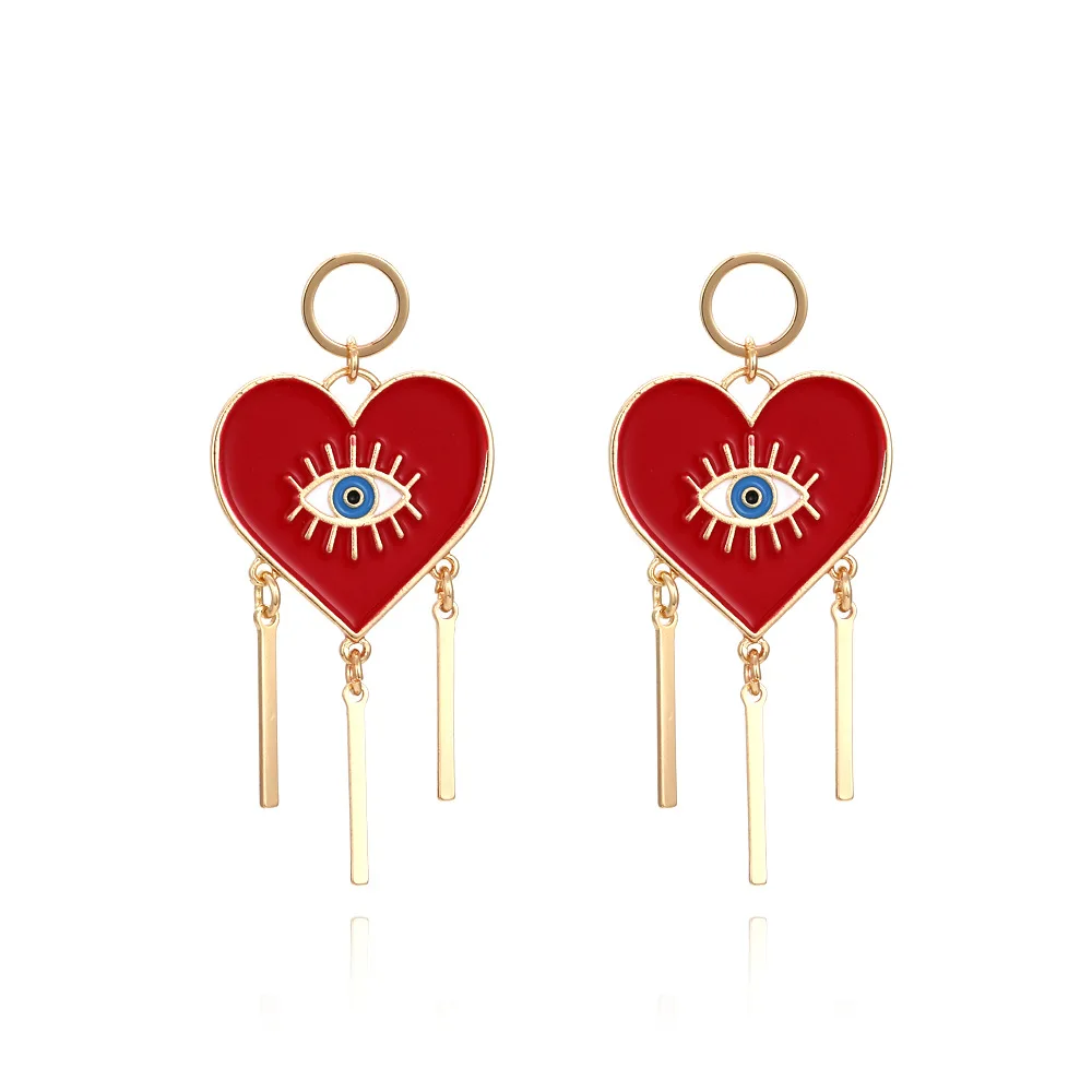 

JUHU New exaggerated heart-shaped eye shape tassel earrings retro eye earrings alloy ear jewelry for women, Red