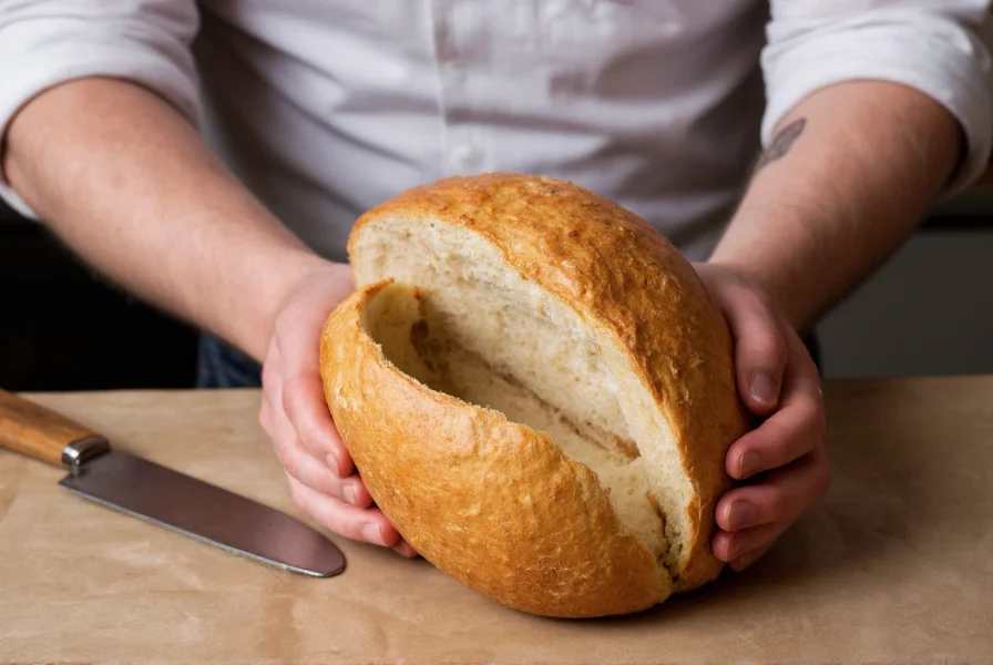 Professional chef hollowing sourdough boule for chili bread bowl with precise knife technique