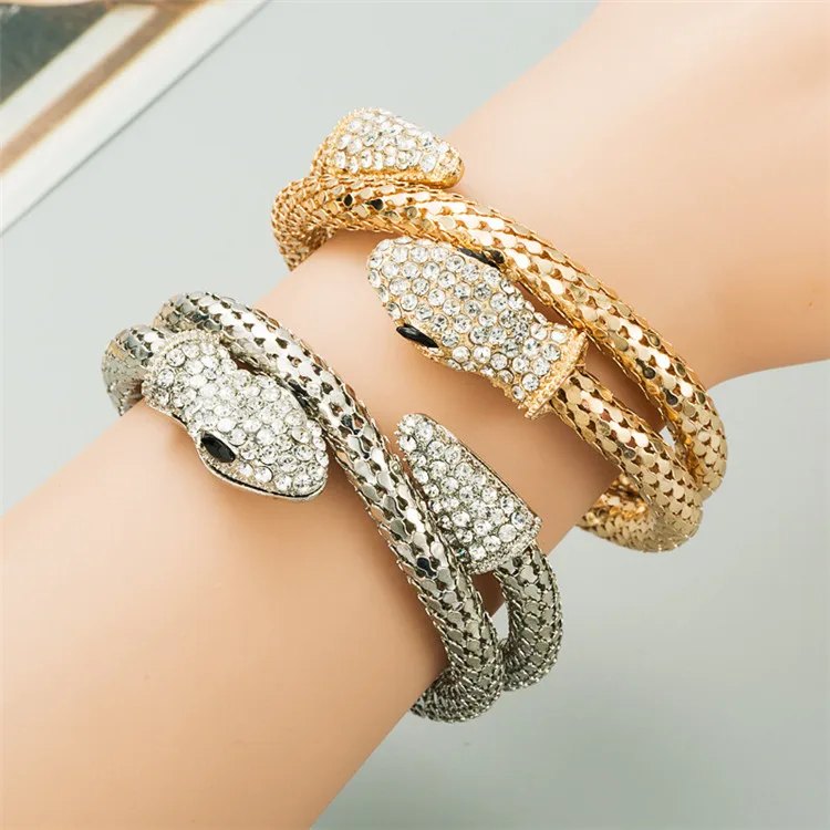 

Retro Snake-shaped Winding Unisex Stainless Steel Inlaid Rhinestone Bracelet Accessories, Silver, gold