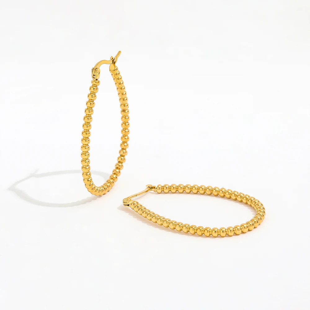 

New Trendy Earring Waterproof Tarnish Free 18K Gold Plated Bead Oval U Stainless Steel Statement Hoop Earrings