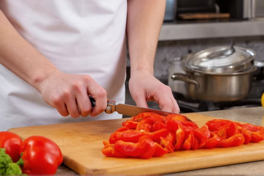 Professional chef slicing red bell peppers uniformly for sauté on wooden cutting board with stainless steel pan nearby