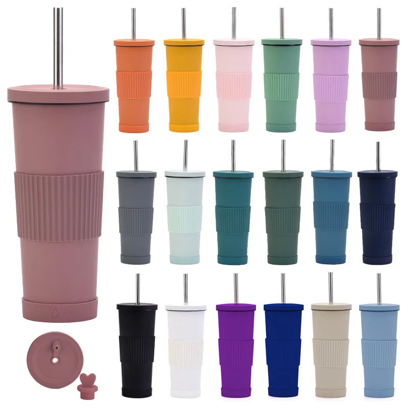 

Reusable Double Wall Insulated mugs Keep Drink Cool or Warm Tumbler with sleeve straw base