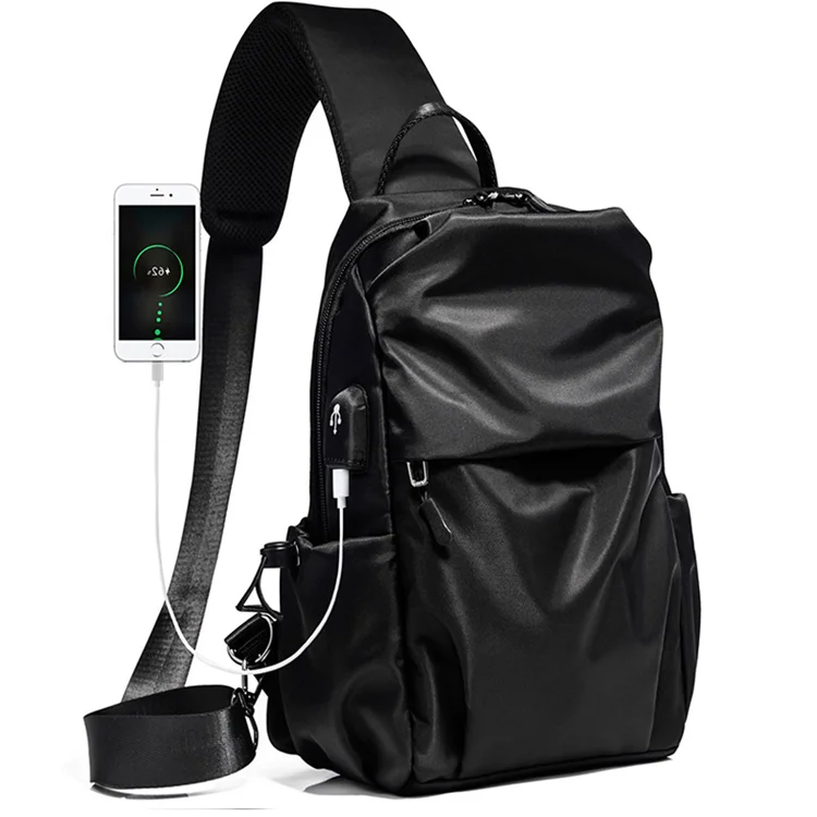 

Stylish Oxford Waterproof USB charging port Sling chest bag fashion simplicity Inclined shoulder bag men, Black&gray