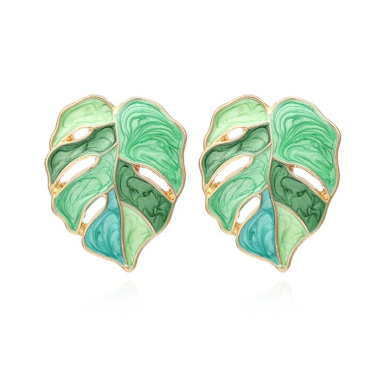

Fashion Gold Plated Enamel Monstera Leaf Stud Earrings Bohemian Style Green Palm Leaf Earrings 2021