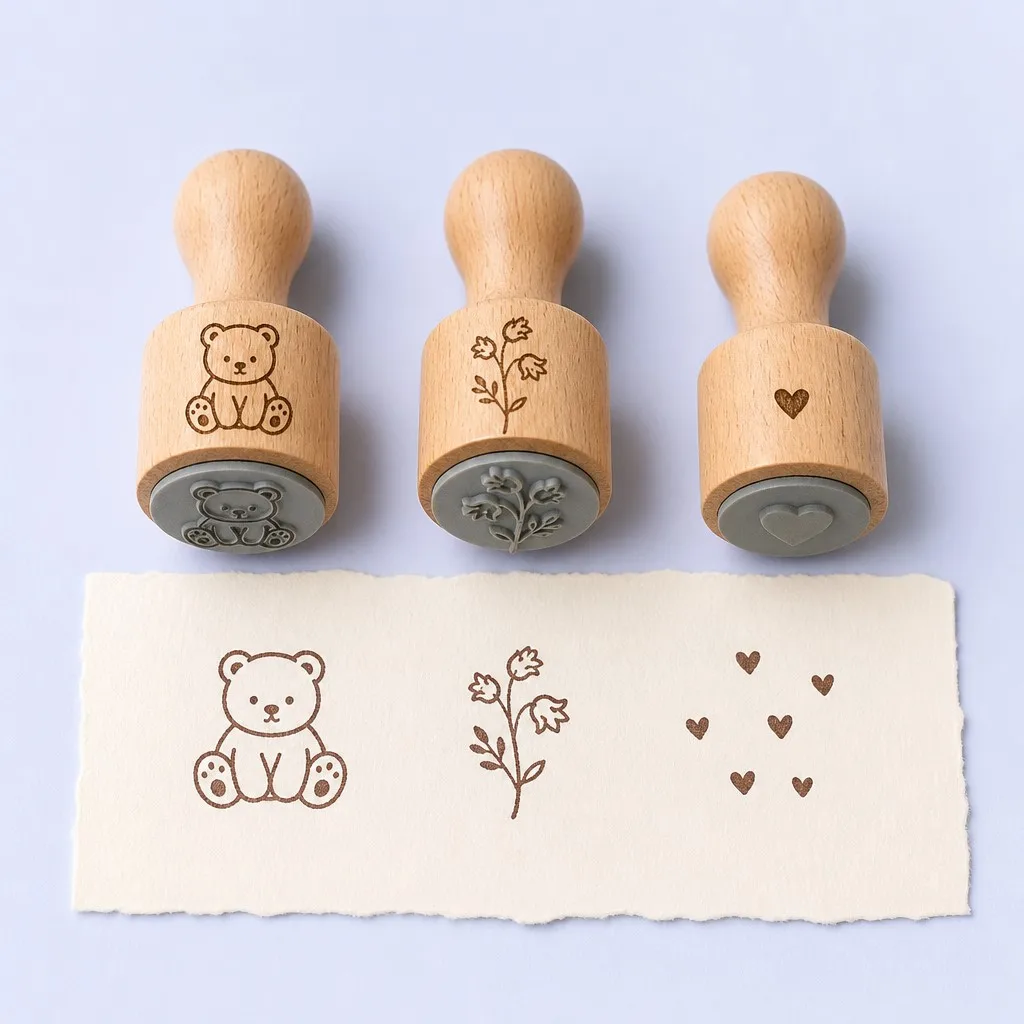 A flat-lay of journaling stamps with their matching impressions