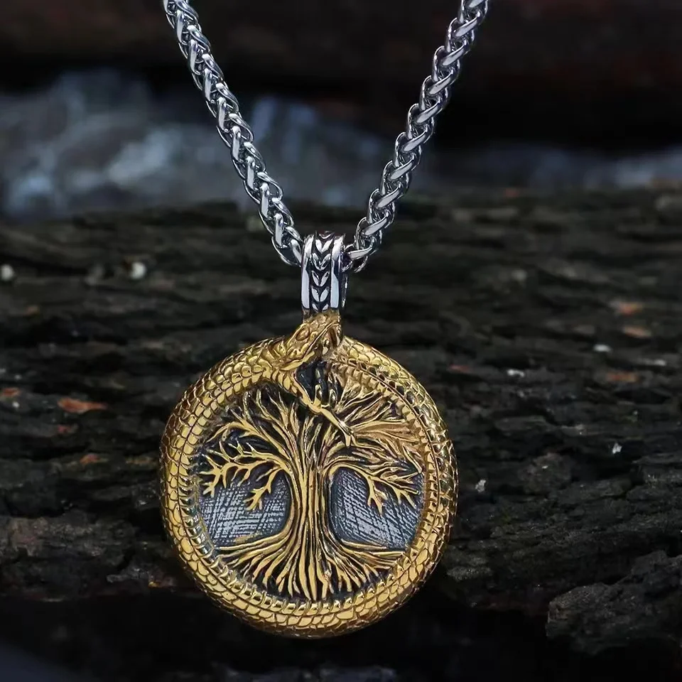 

Stainless Steel Jewelry Viking Tree Of Life Necklace Snake Wolf Raven Pendant 18k Gold Plated Jewelry Keel Chain For Men