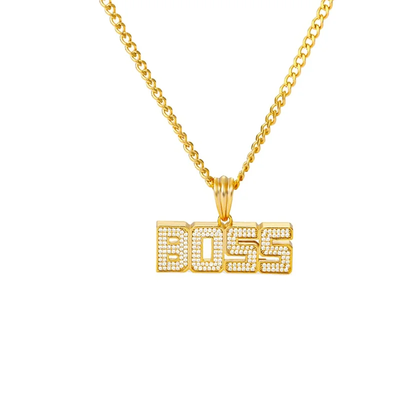 

Shape Hip Hop Boss Letter Pendent Cz Long Chain 18K Gold Plated Letter Jewelry Pendant Necklace