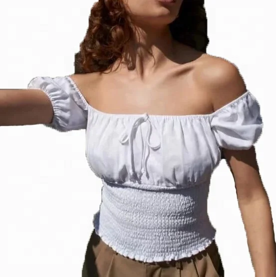 

Summer Ebay New Style Ladies Casual Off Shoulder Smocking Sexy Fitted Crop Top, White or custom