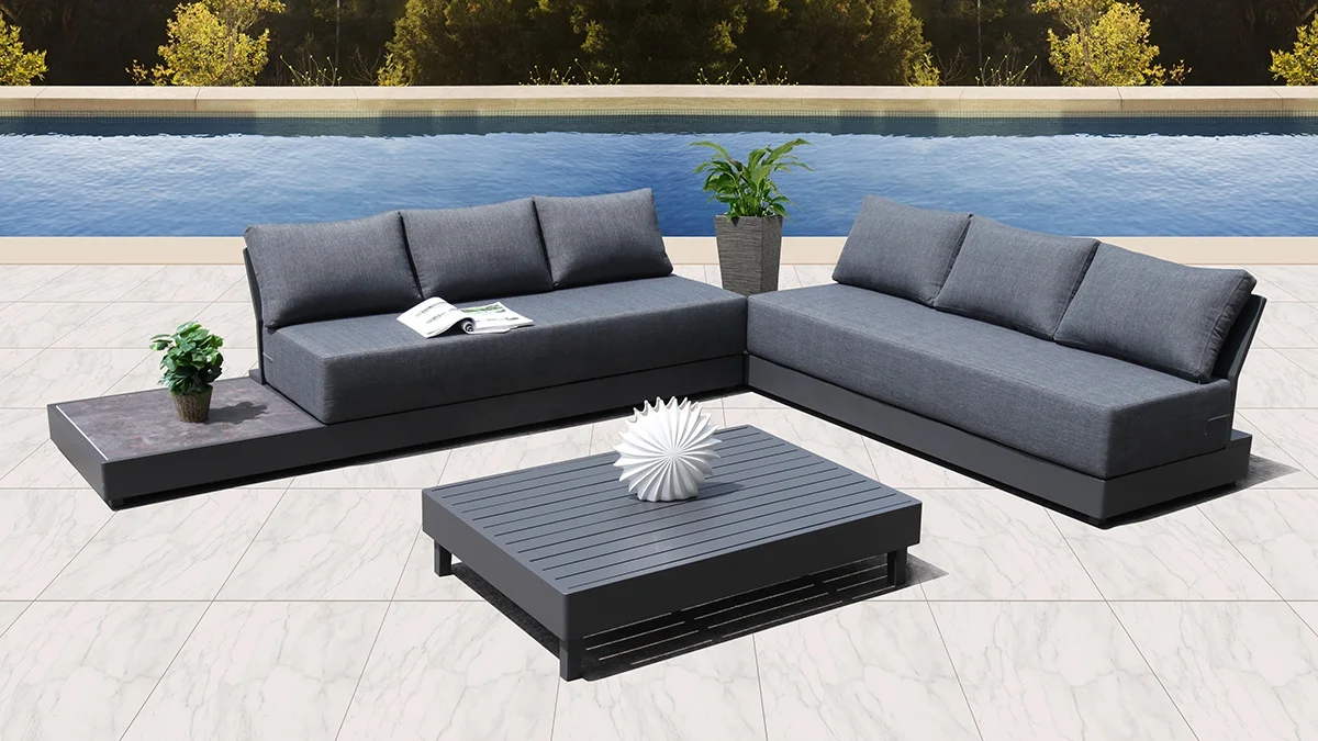 Salon De Jardin 7 Places Modulaire En Aluminium Gris Anthracite - Canapé D'angle, Tabourets, Table Verre - Coussins épais Housse Lavable